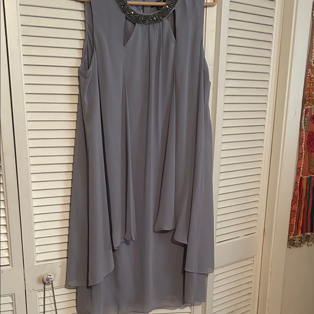 SLNY Elegant Gray Mini Dress with Embellished Neckline